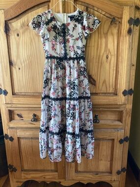 Girls Xtraordinary pink black flowers lace summer maxi dress size 12